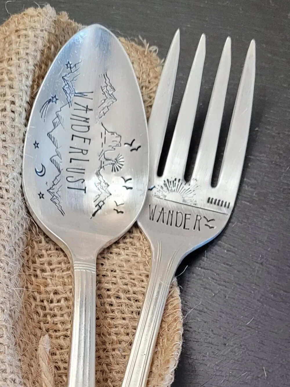 Wildsmith Silver Plated Fork & Spoon Set – Engraved “Wanderlust” – Flatware Gift